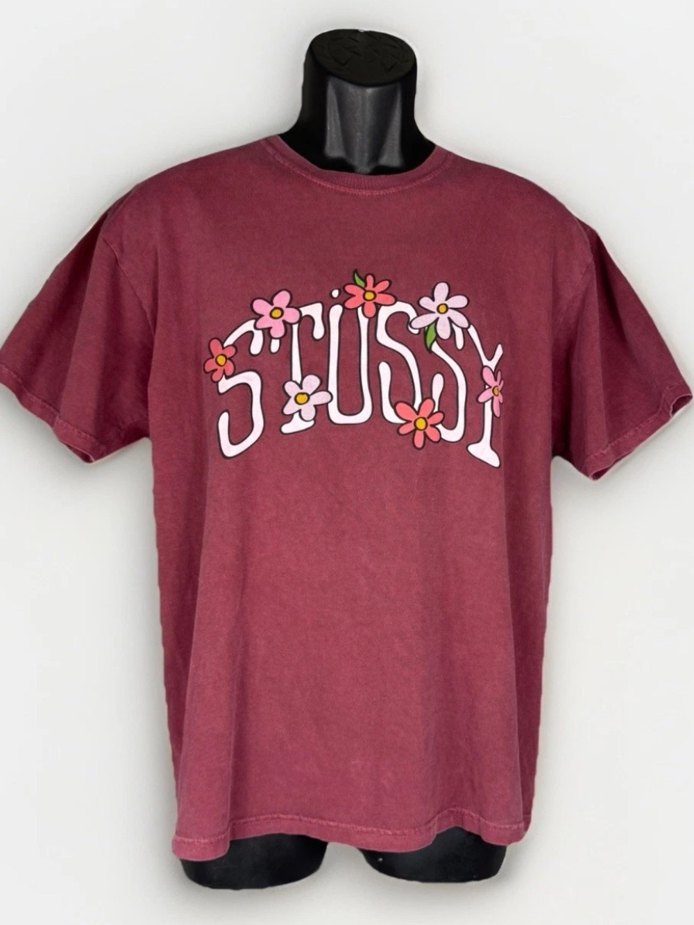 Stüssy Flower Collegiate Tee Pig Dyed Graphic Tee RARE Wine Color Men’s Size M